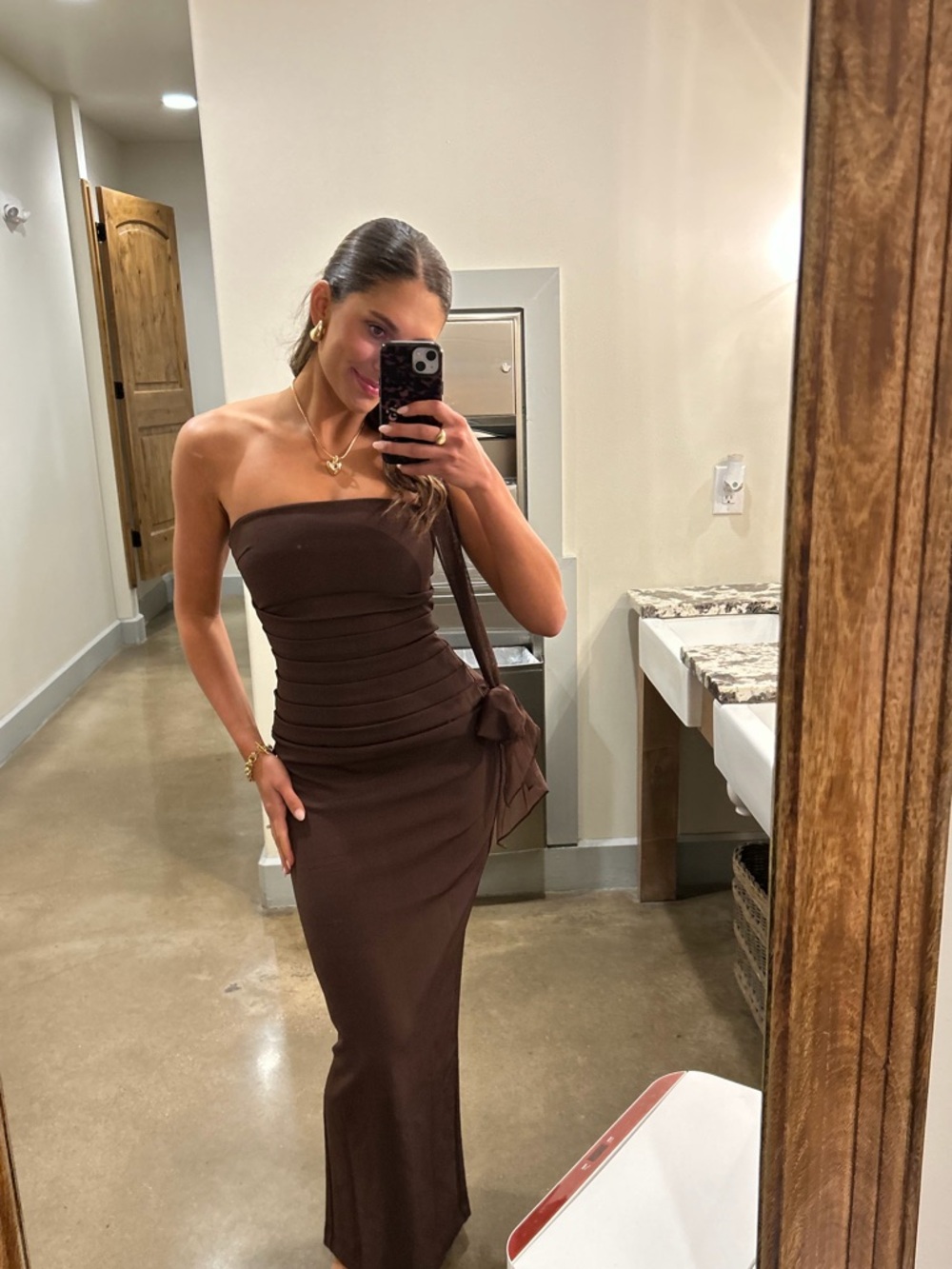 Strapless Chocolate Brown Ruched Maxi Dress